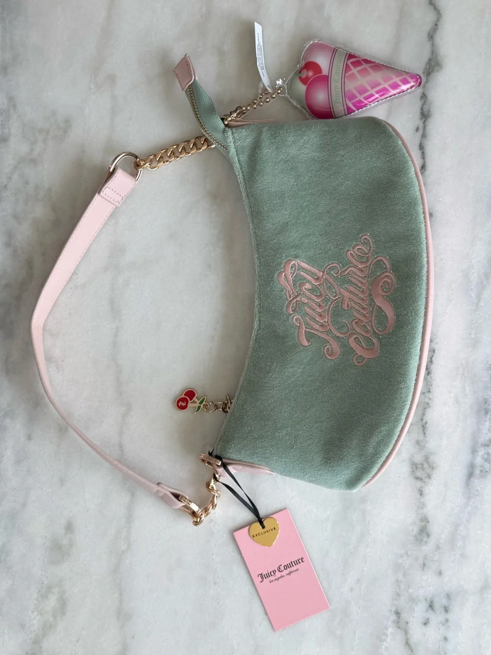 Juicy Couture NWT Sugar Rush Terry Shoulder Bag Ice Cream Charm Green Pink